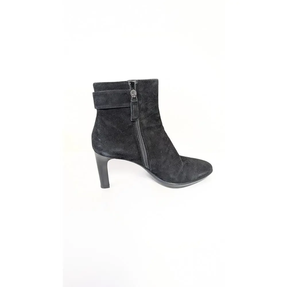 Aquatalia Suede Ankle Bootie Womens 9 Black Buckle Detail Stiletto Platform
